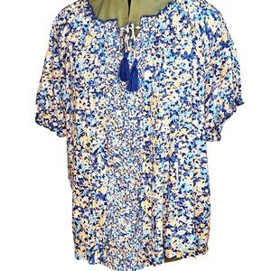 Woman's Wonderly floral bohemian pleated tie up ruffle sleeve tunic top XL